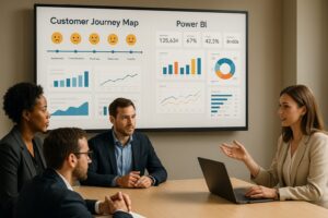 Team analyzing customer experience data using Power BI dashboard