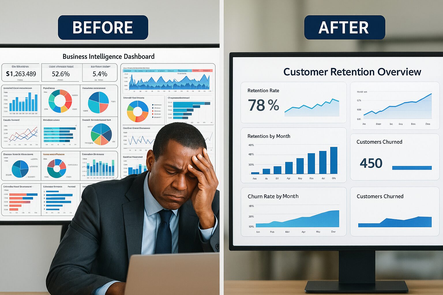 Before and after Power BI dashboard visualization
