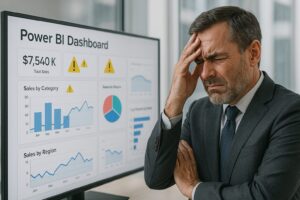 Frustrated executive reviewing Power BI dashboard mistakes