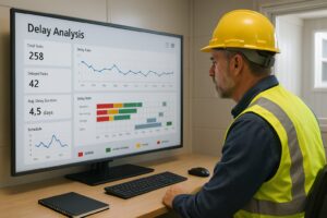 Construction project manager reviewing delay dashboard in Power BI