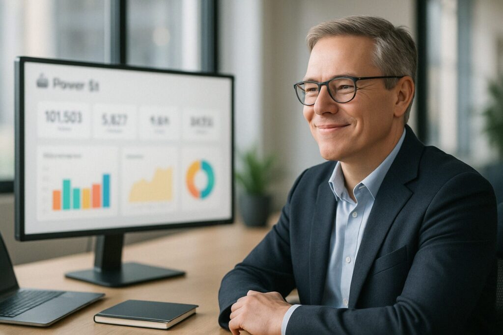 Confident business executive smiling while reviewing optimized Power BI dashboard with key performance metrics in a modern office setting.